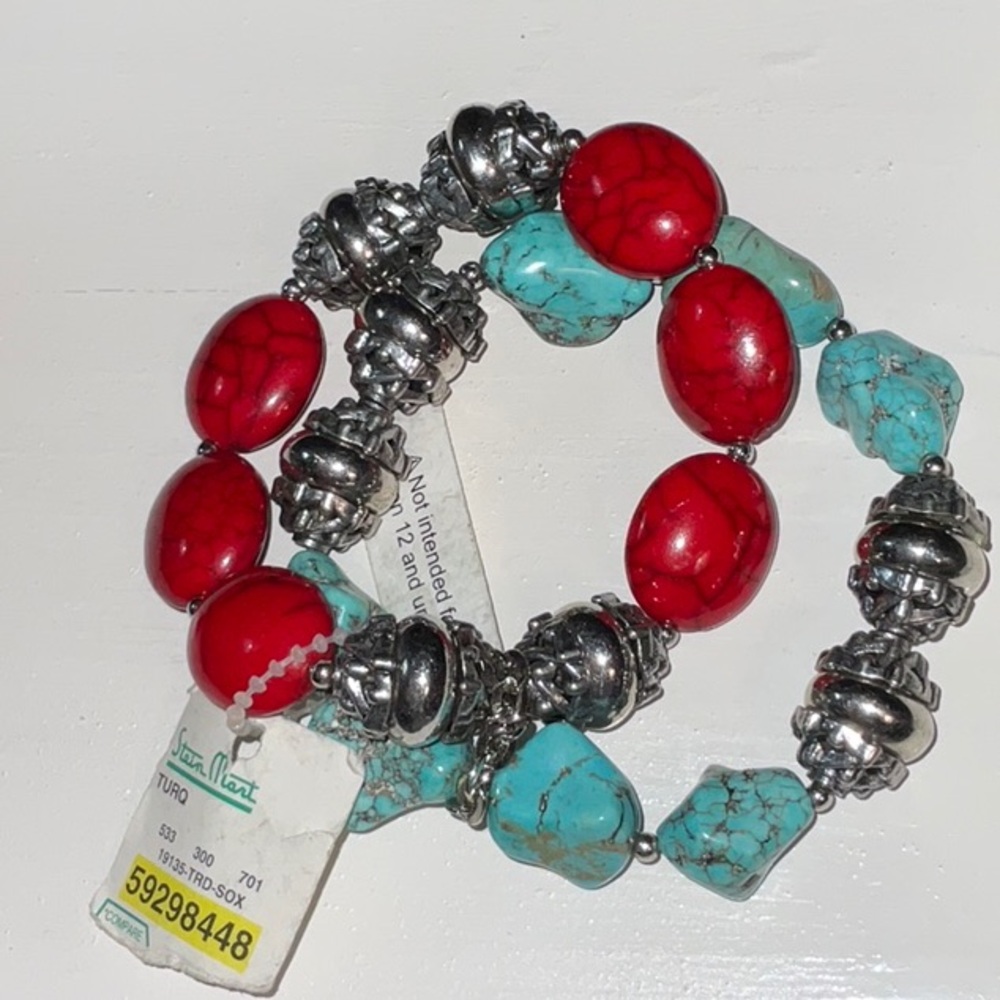 Stein Mart Fashion Faux Turquoise and Faux Coral Stretch Bracelets Set of Two